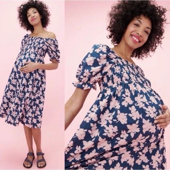 The Nines By Hatch Size XS Maternity Navy & Mauve Pink Floral Smock Midi Dress - Picture 1 of 10